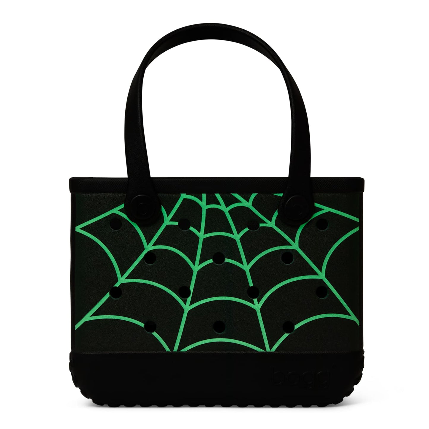 A black Bogg bag with a green spiderweb pattern printed on the front, featuring two black shoulder straps and a black textured base, shown against a plain white background.