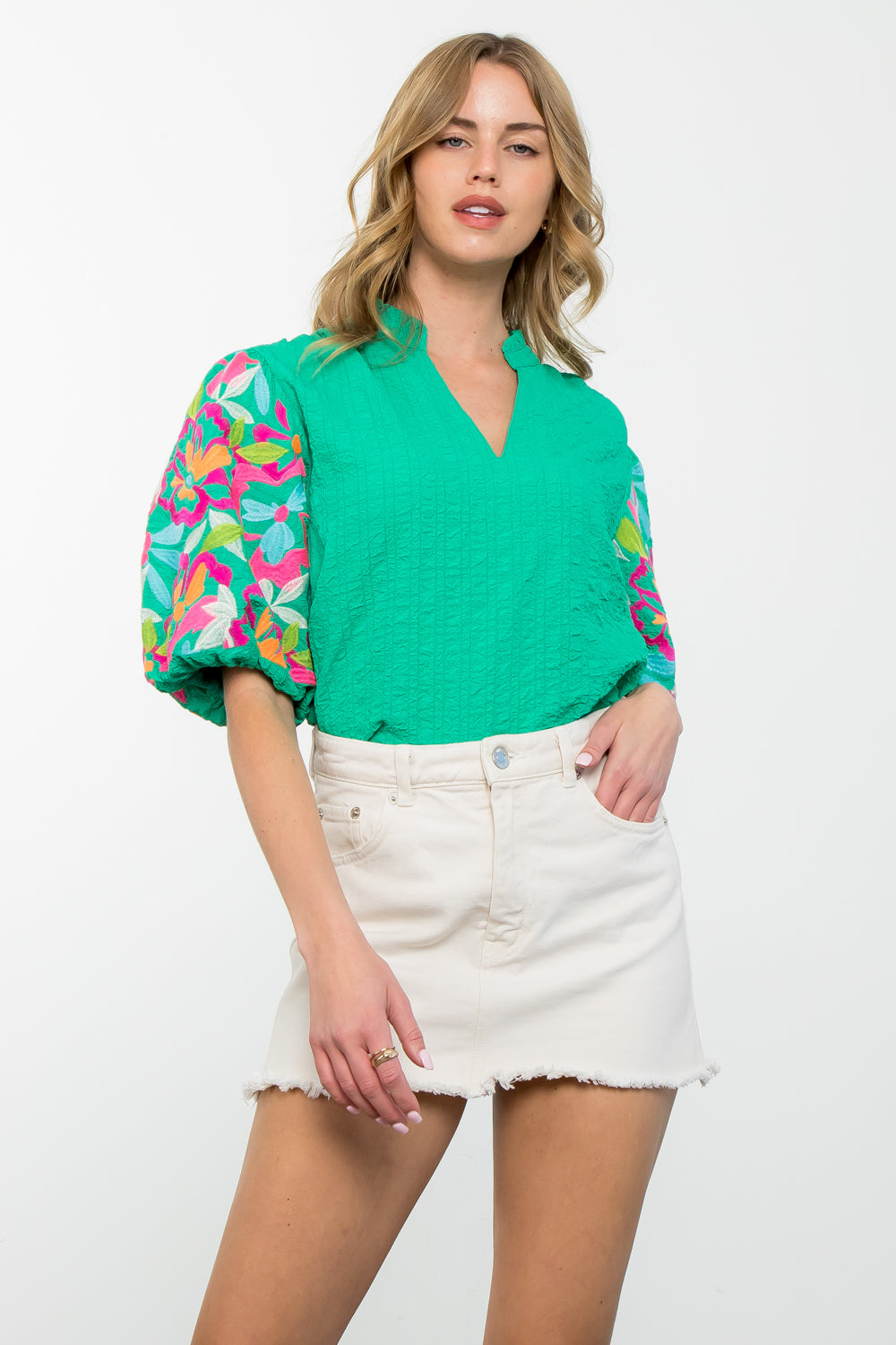 Textured Embroidered Sleeve Top