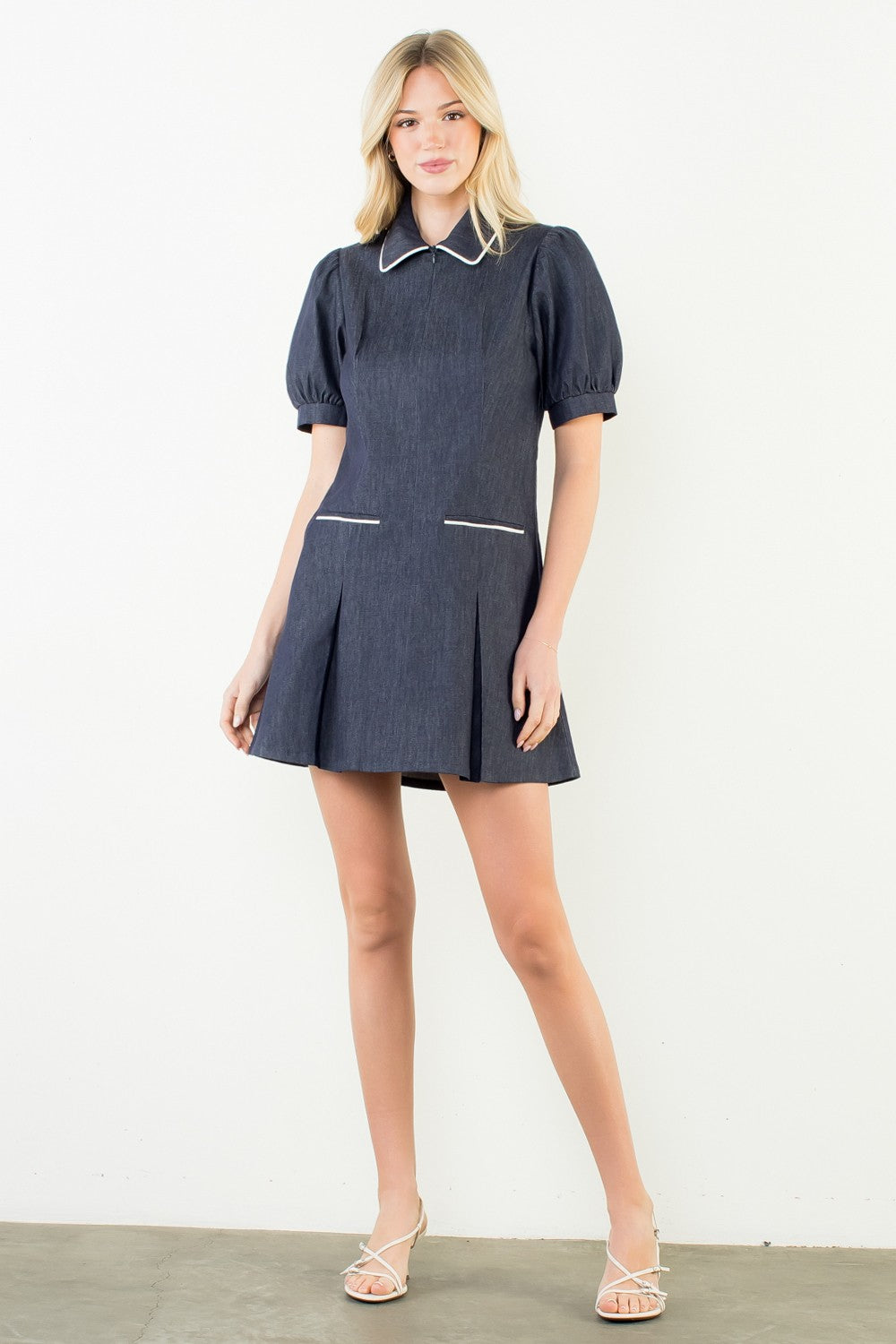 navy blue denim dress THML Puff Sleeve Collared Denim Dress Medium
