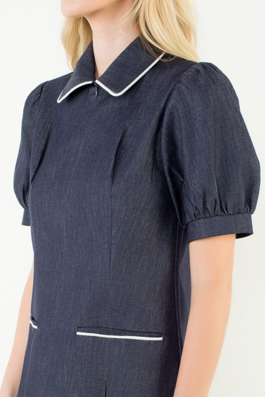 THML Puff Sleeve Collared Denim Dress Medium