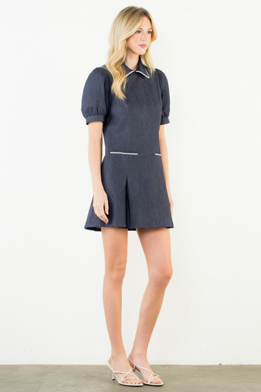 THML Puff Sleeve Collared Denim Dress
