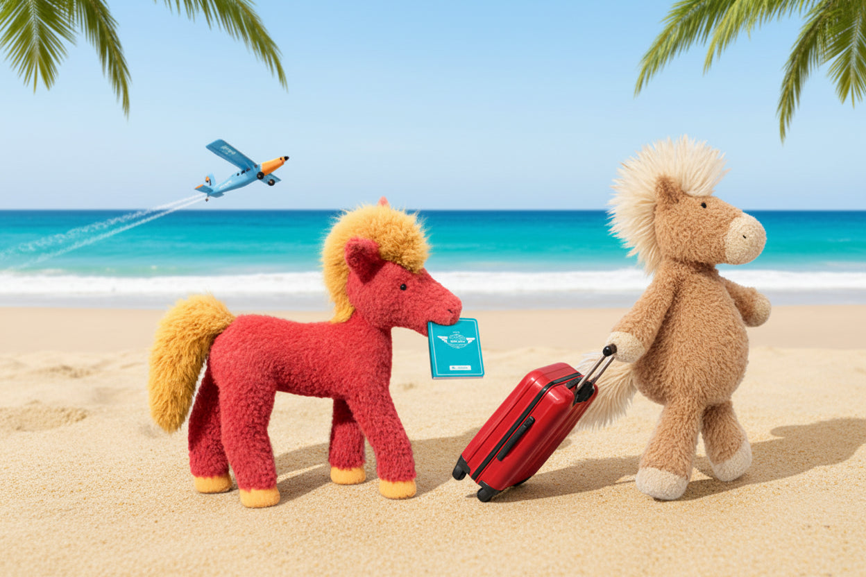 Two plush horses, one red and one brown, with a suitcase and airplane on a blue background.