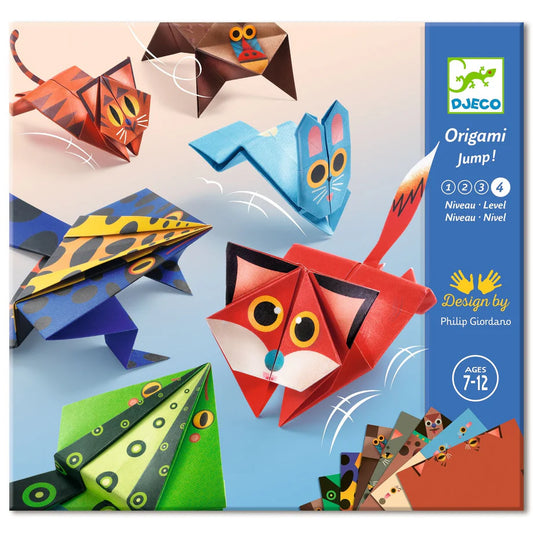 Origami animal models with DJECO branding on a colorful background