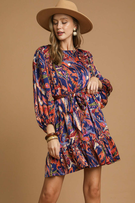 Abstract Print Belted Mini Dress