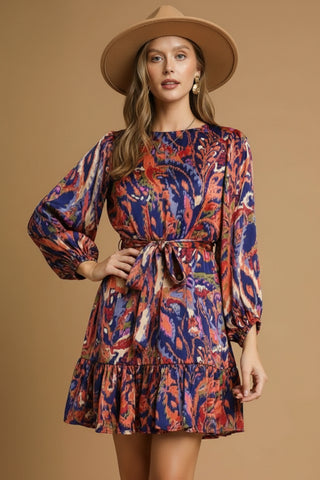 Abstract Print Belted Mini Dress