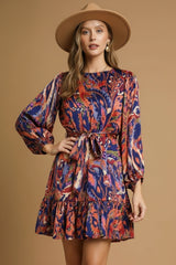 Abstract Print Belted Mini Dress
