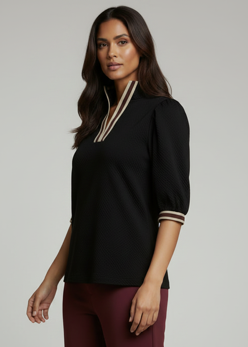Textured Knit Half-Zip Top with Stripe Trim