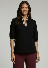 Textured Knit Half-Zip Top with Stripe Trim