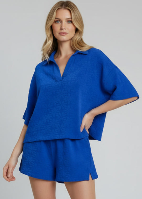 Collared V-Neck Floral Jacquard Set