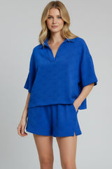 Collared V-Neck Floral Jacquard Set