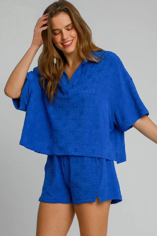 Collared V-Neck Floral Jacquard Set