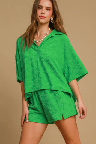 Collared V-Neck Floral Jacquard Set