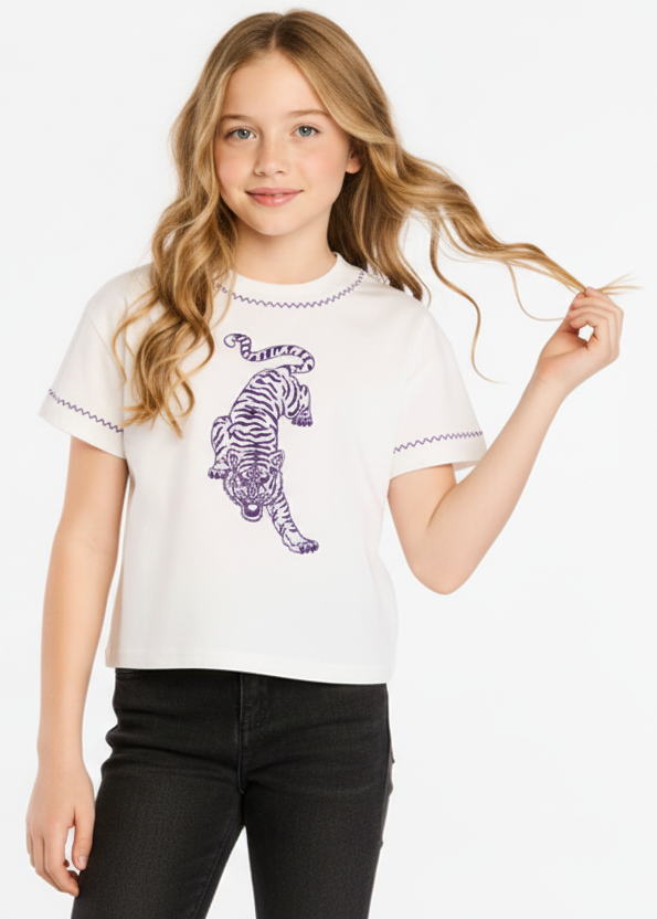 Girls Purple Embroidered Tee
