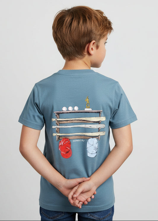 Blue t-shirt with a graphic design on the back featuring a shelf with items.