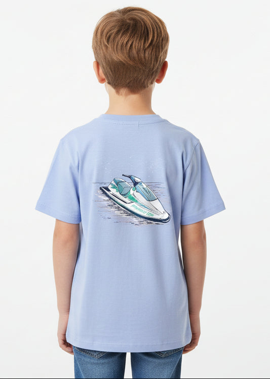 Light blue t-shirt with a graphic of a speedboat on a white background