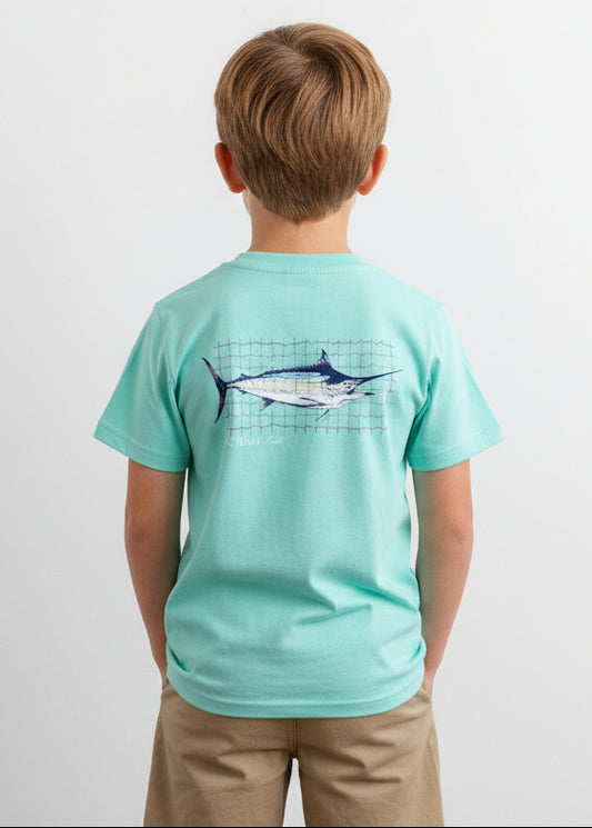 Light blue t-shirt with a fish graphic on a white background