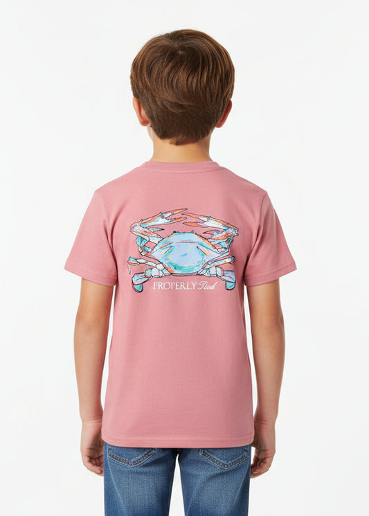 Pink t-shirt with a colorful crab design on the back, on a white background
