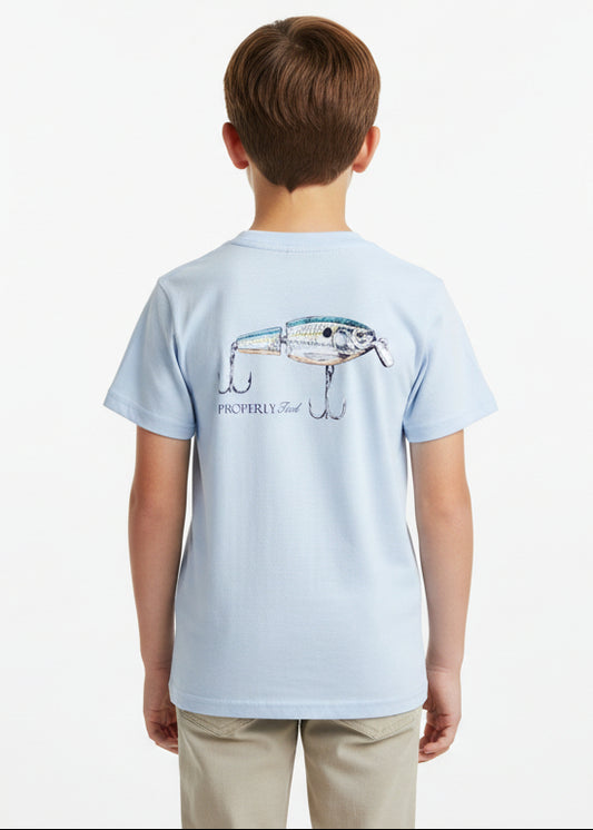 Light blue t-shirt with a fishing lure graphic and text on a white background