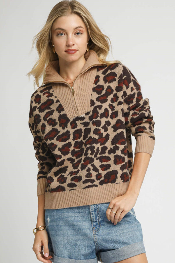 Leopard Print Quarter-Zip Knit Sweater