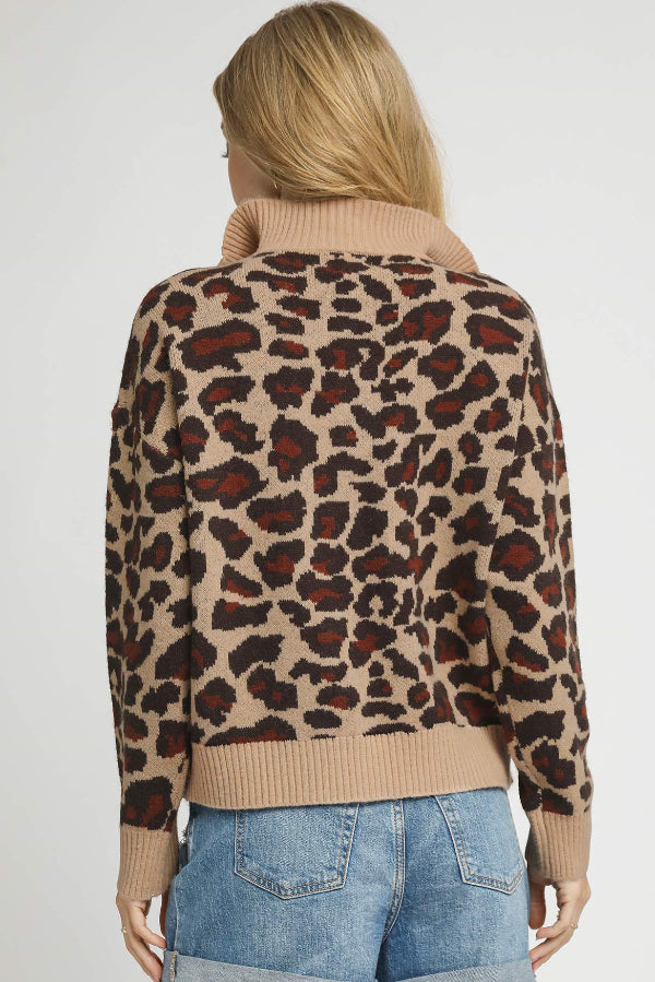 Leopard Print Quarter-Zip Knit Sweater