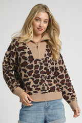 Leopard Print Quarter-Zip Knit Sweater