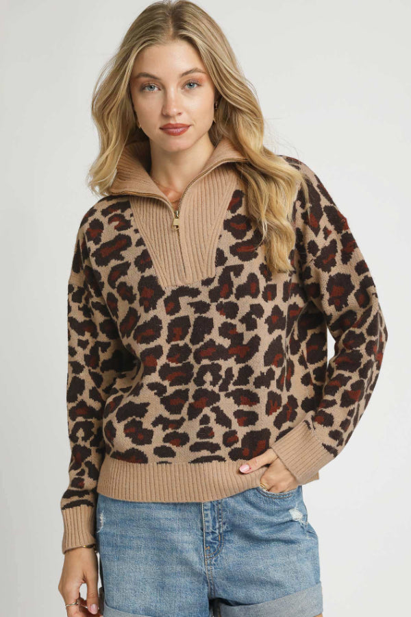 Leopard Print Quarter-Zip Knit Sweater