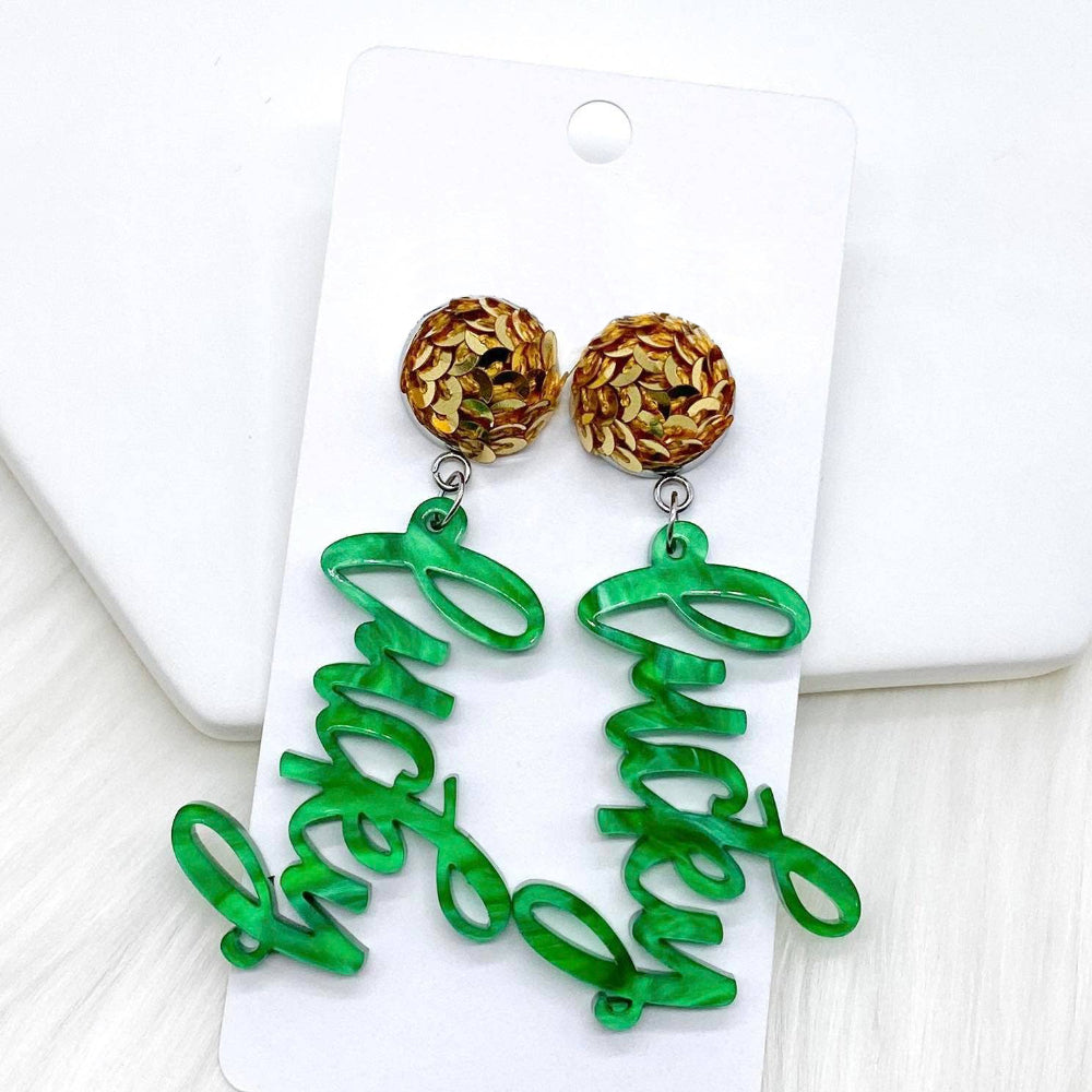 Pale Gold Sequins & Cursive Lucky Acrylic Earrings