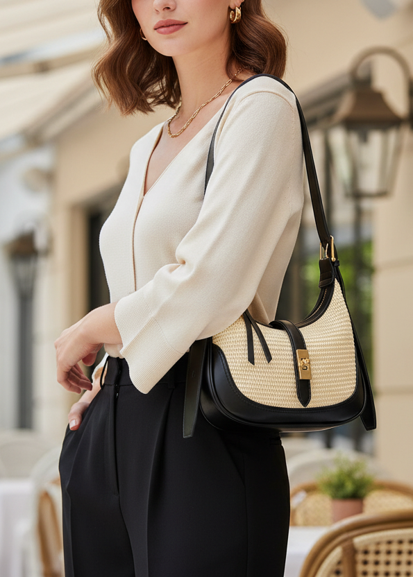 Woman holding a black and beige handbag outdoors