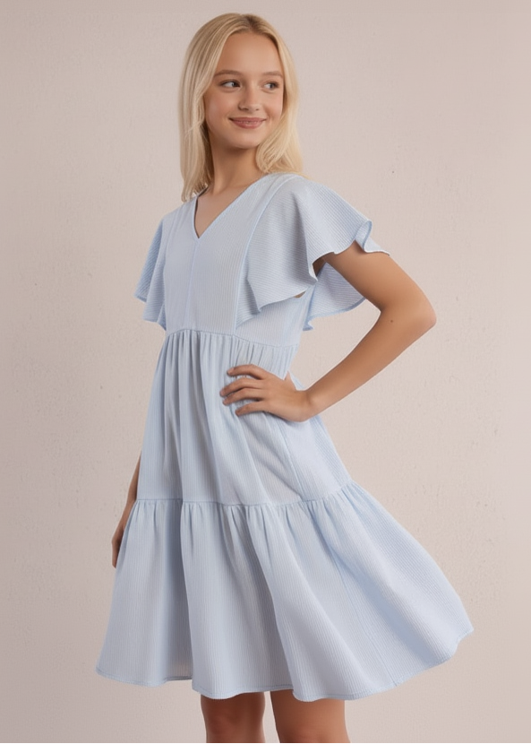 Young girl wearing a light blue dress against a beige background