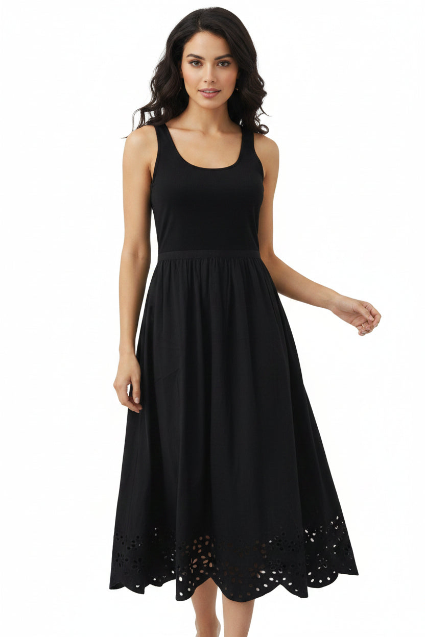 Black dress with square neckline on a white background