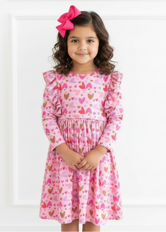 Young girl wearing a pink heart-patterned dress with a white background