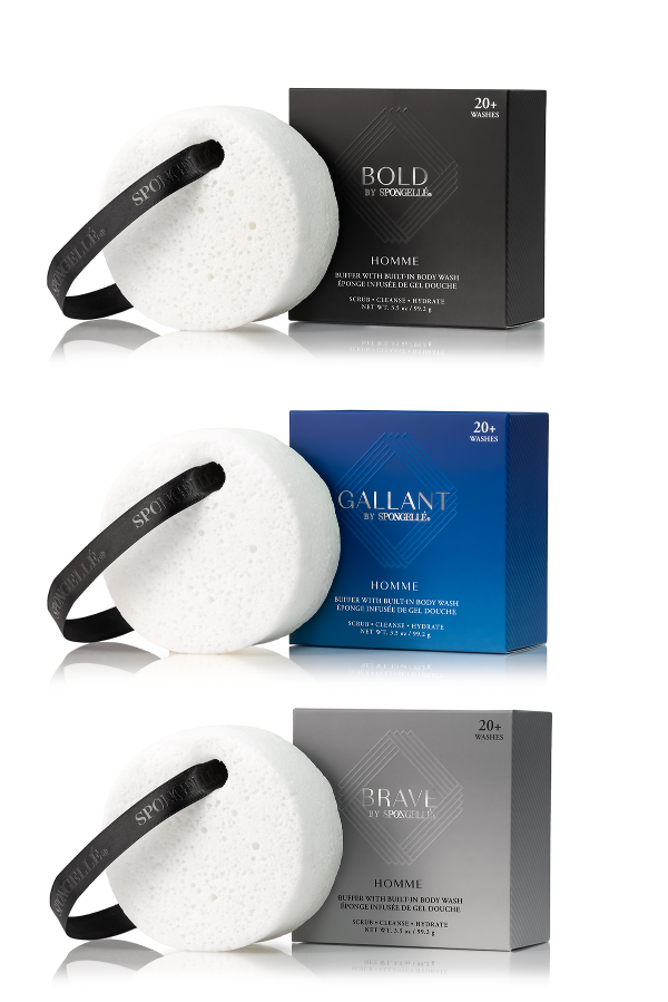 Three containers of men's grooming products with their packaging on a white background