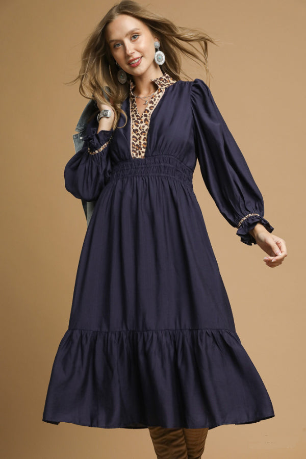 Leopard Trim Midi with Smocked Waist