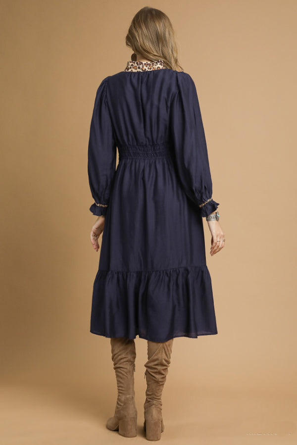 Leopard Trim Midi with Smocked Waist