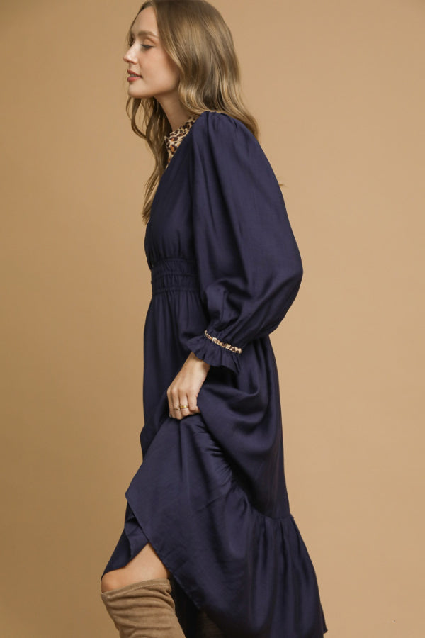 Leopard Trim Midi with Smocked Waist