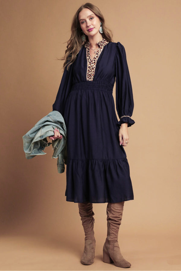 Leopard Trim Midi with Smocked Waist