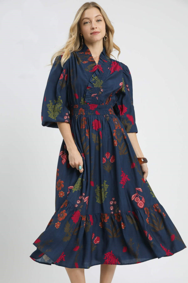 Mix Floral Print Midi Dress