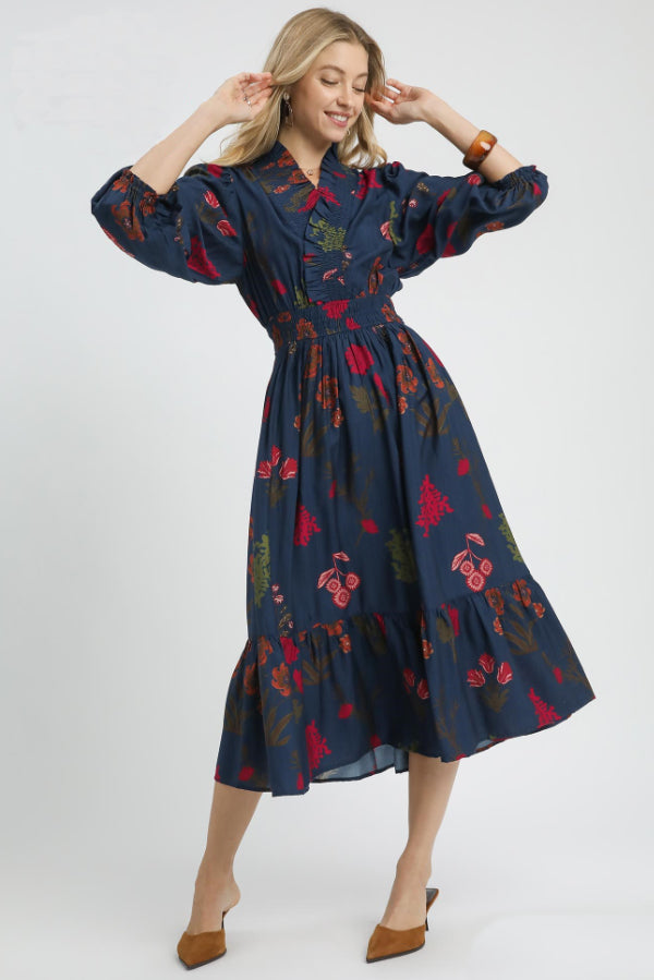 Mix Floral Print Midi Dress