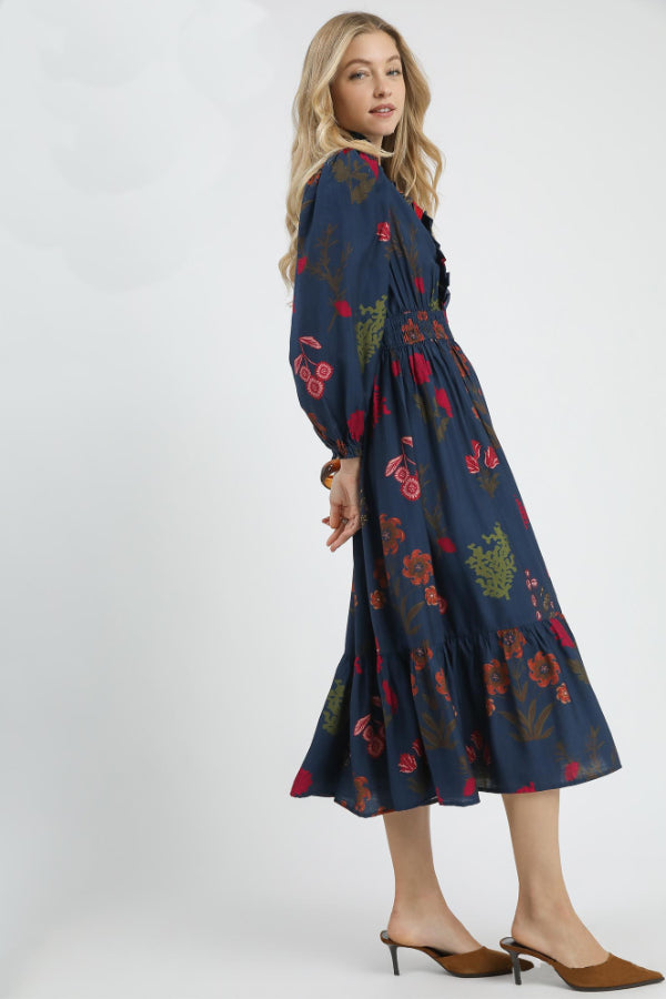 Mix Floral Print Midi Dress