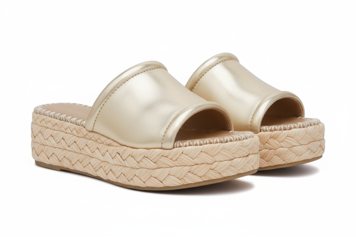 Gold espadrille sandal with woven sole on a white background