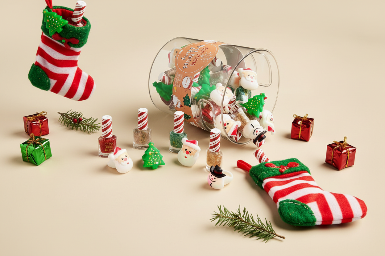Decorative Christmas items including candy canes, gift boxes, and a glass jar on a beige background.