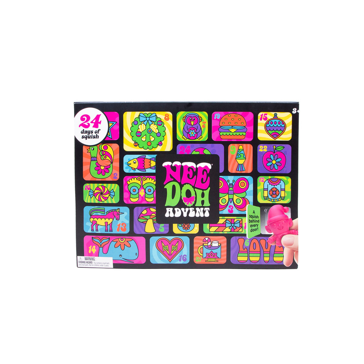 Nee Doh Advents 24 Day of Worship advent calendar box, featuring a colorful grid of religious icons and symbols on a black background, with a hand holding a pink prayer wheel at the bottom right.