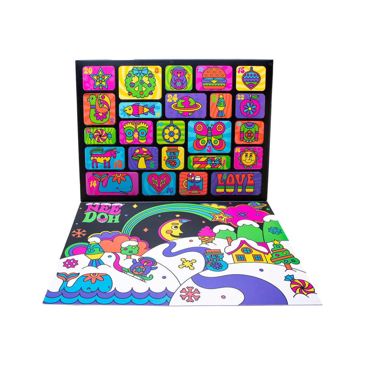 A colorful pop-art style advent calendar or activity board set shown open, with a black rectangular grid on the upper half containing neon multicolor icons and a lower half featuring whimsical illustrated scenes in pink, blue, yellow, green, and purple on a white base.