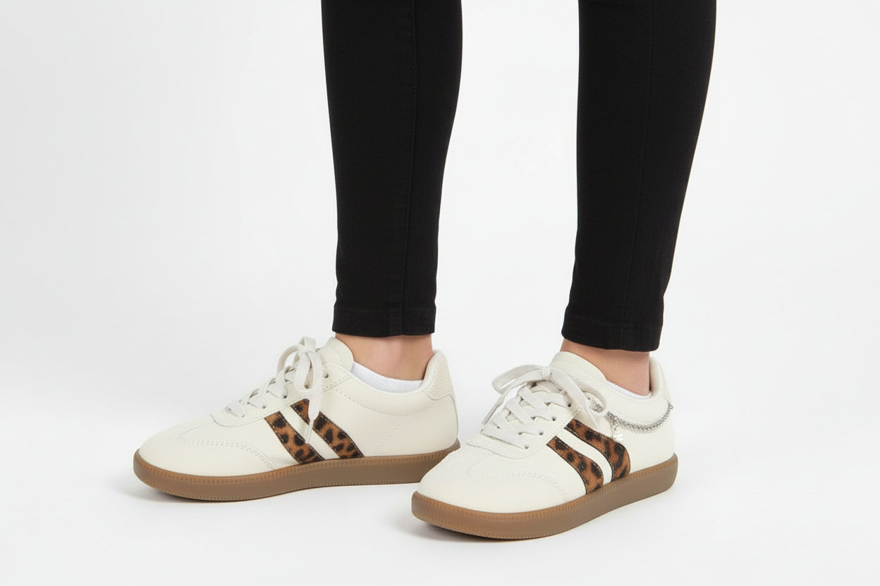 White sneaker with leopard print stripe and chain detail on a white background