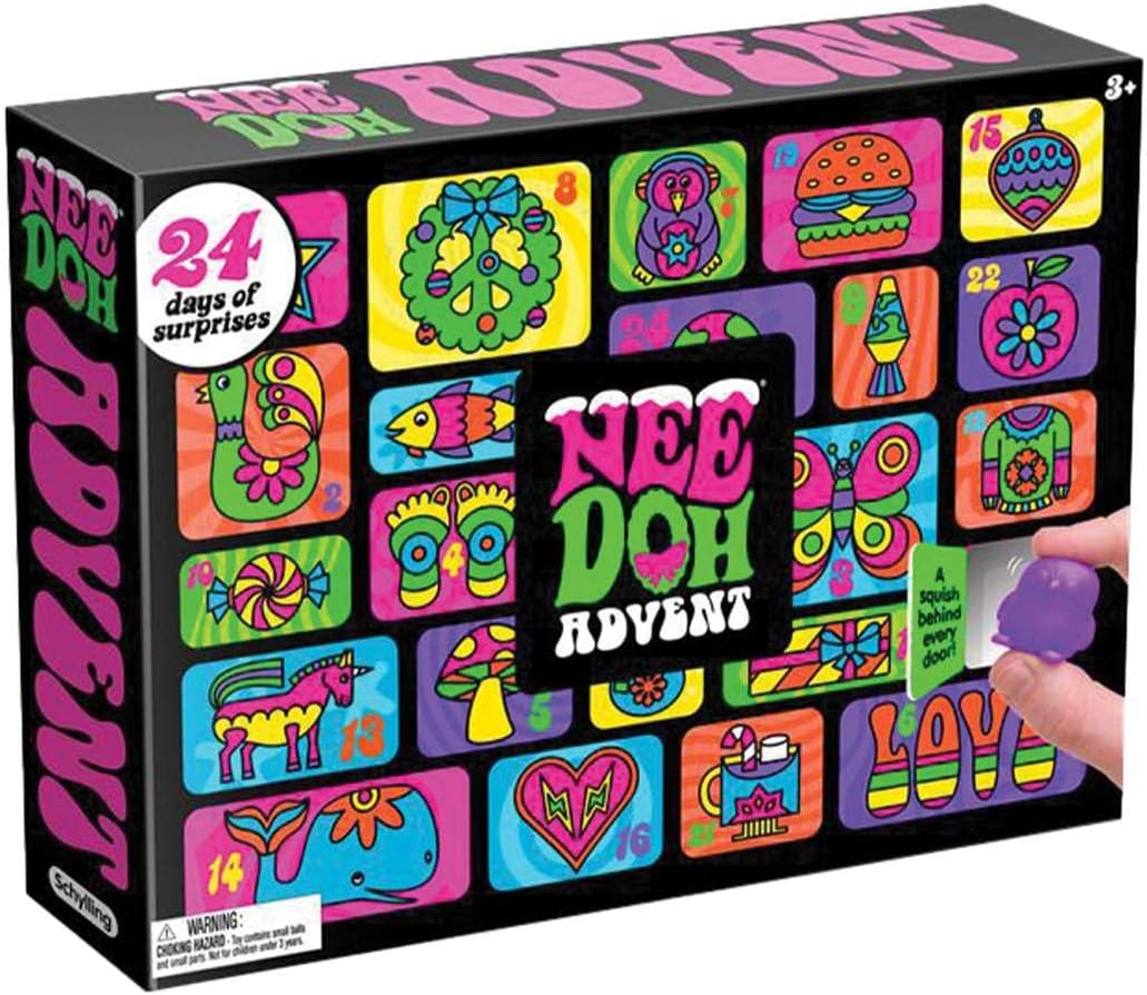 Nee Doh Advent calendar packaging with colorful designs and a hand holding a purple object.