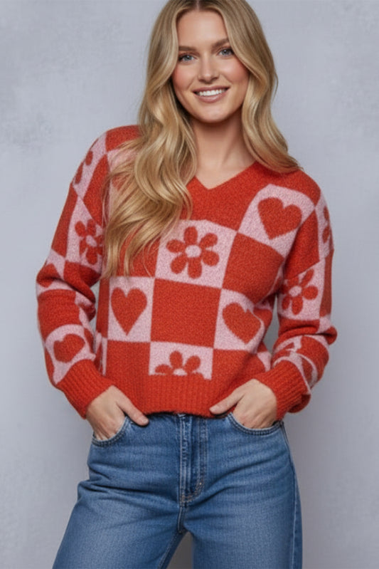 Distressed Checkered Heart Sweater