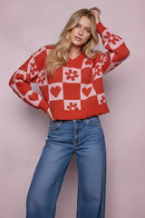 Distressed Checkered Heart Sweater