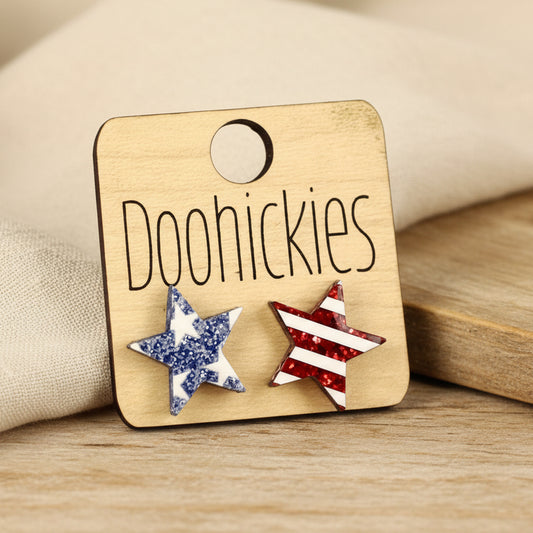 Wooden tag with 'Doohickies' text and star-shaped cutouts on a white background
