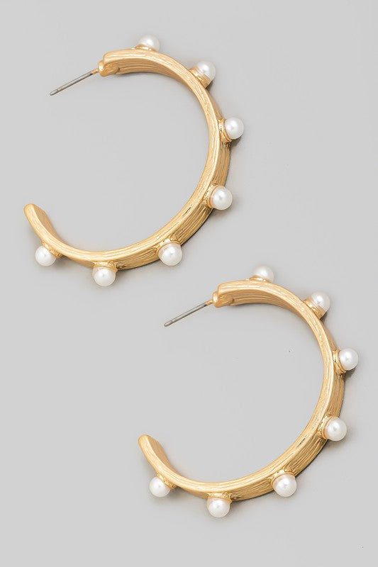 Pearl Studded Brushed Metallic Hoop Earrings