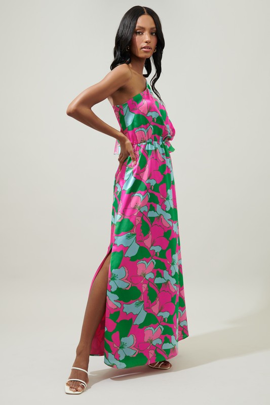 Pitaya Berry One Shoulder Satin Maxi Dress